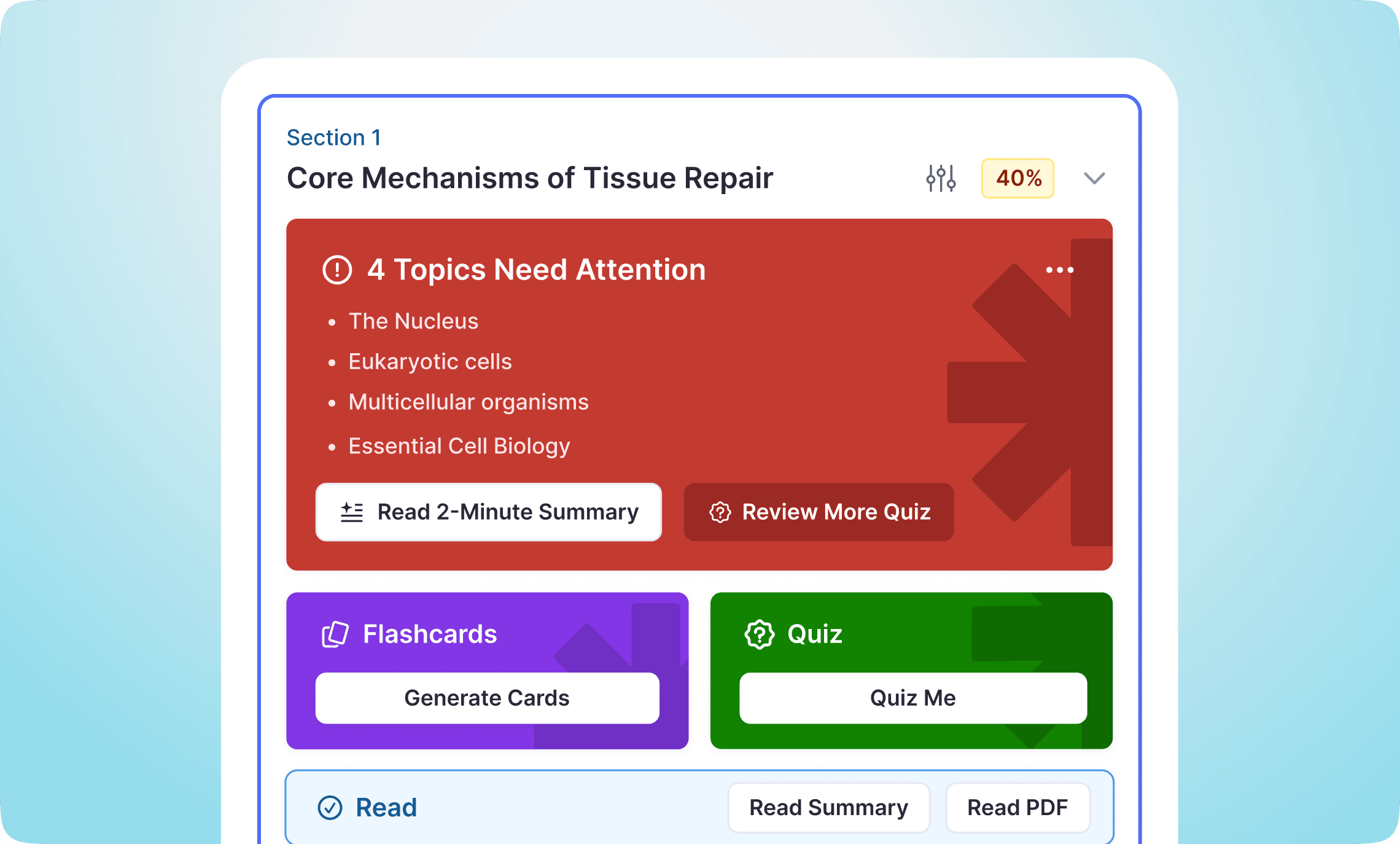 AI flashcard generation with topic prioritization and mastery tracking