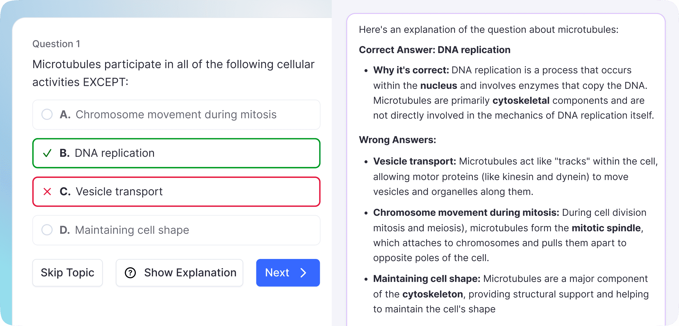 Quiz with detailed AI explanations for correct and wrong answers
